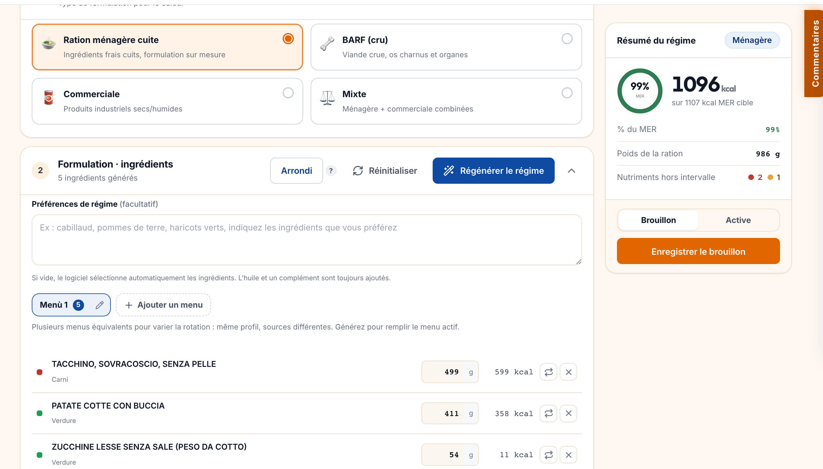 Éditeur de régime VetDietPro : tableau des ingrédients avec grammages et répartition des nutriments du plan.