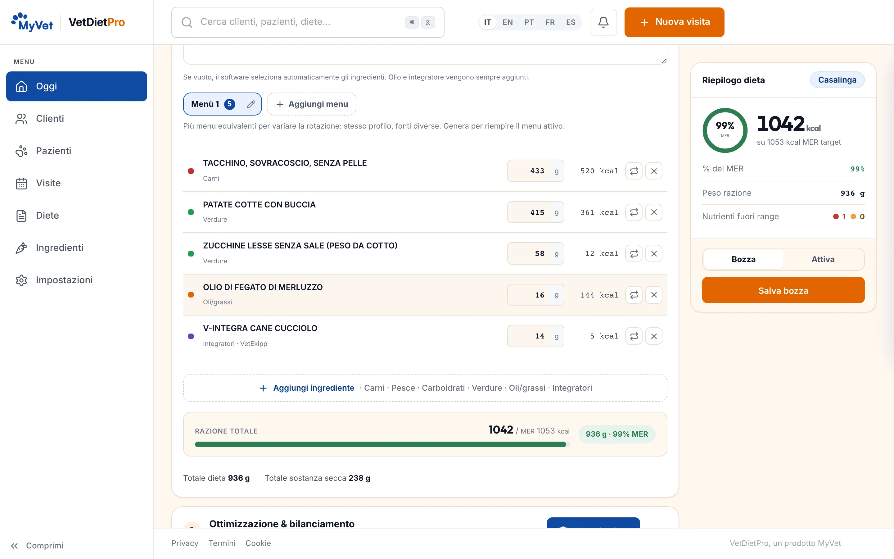Editor della razione in VetDietPro: elenco degli ingredienti con la quantità in grammi e le calorie per riga, peso totale della razione e percentuale del fabbisogno.